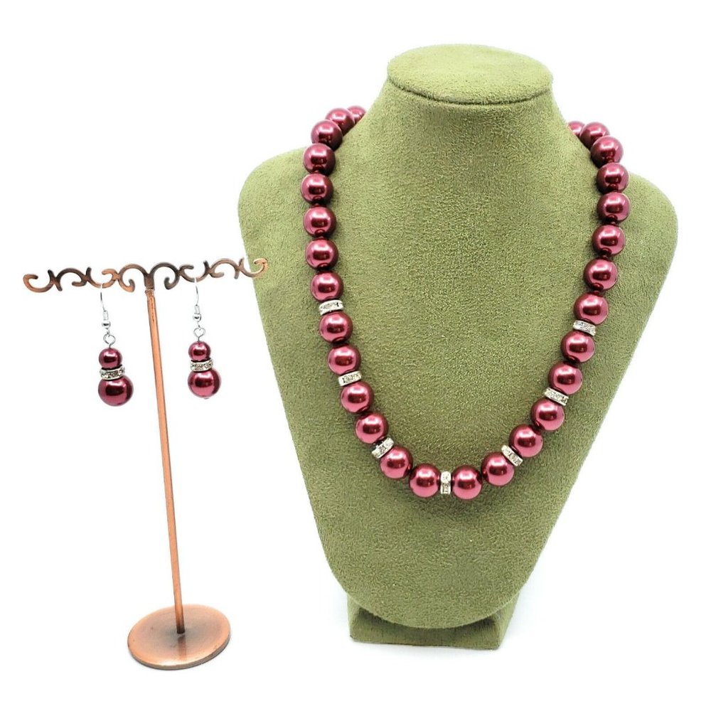 Faux Pearl Necklace with Matching Earrings Set Raspberry Color